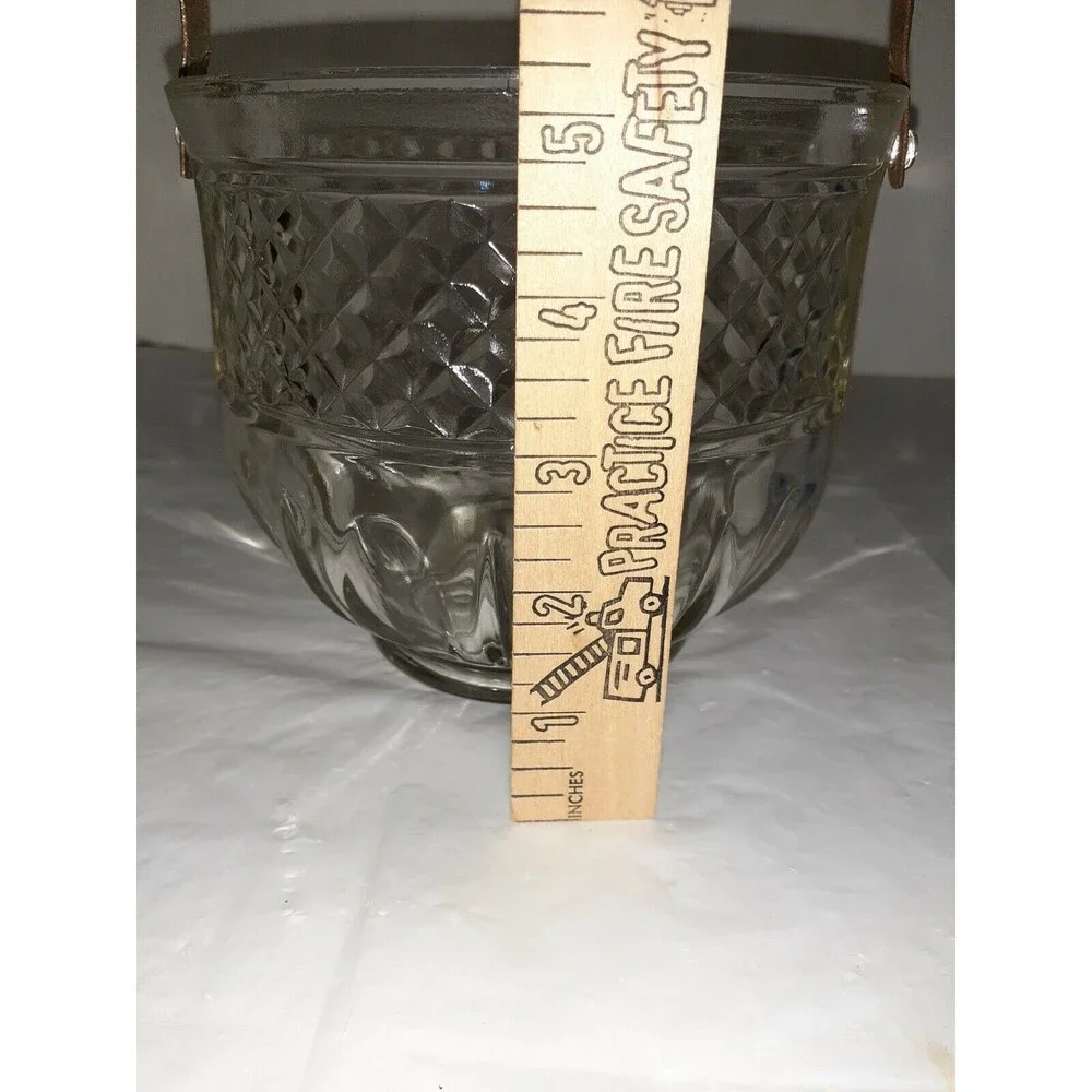 Vtg Barware Glass Ice Bucket Diamond w/Rustic Hammered Metal Handle